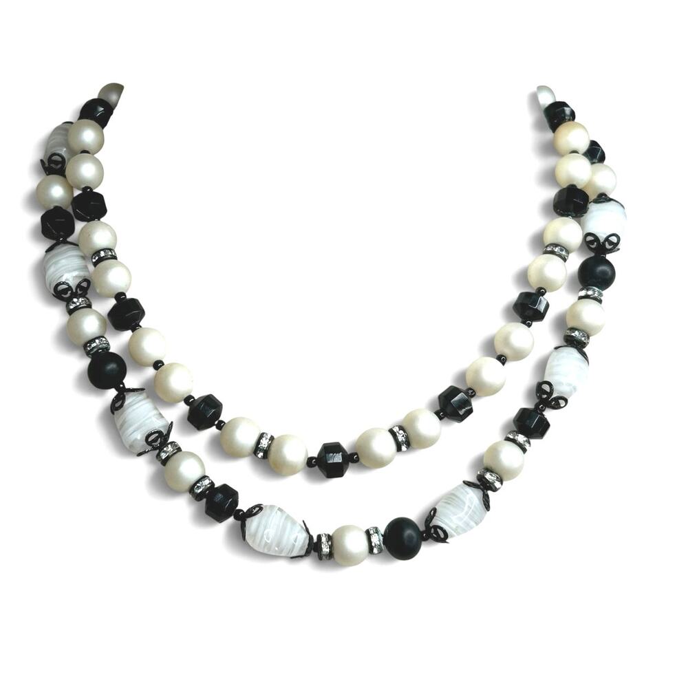 Vtg Signed Japan Double Strand Black White Glass Bead Faux Pearl Choker Necklace